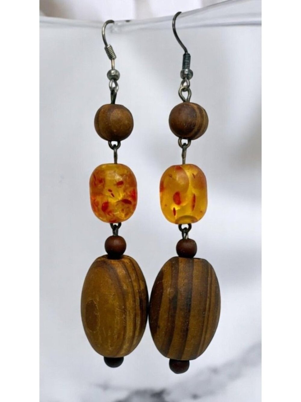 Faux Amber Wooden Bead Drop Earrings Earth Tones Retro Boho Dangle